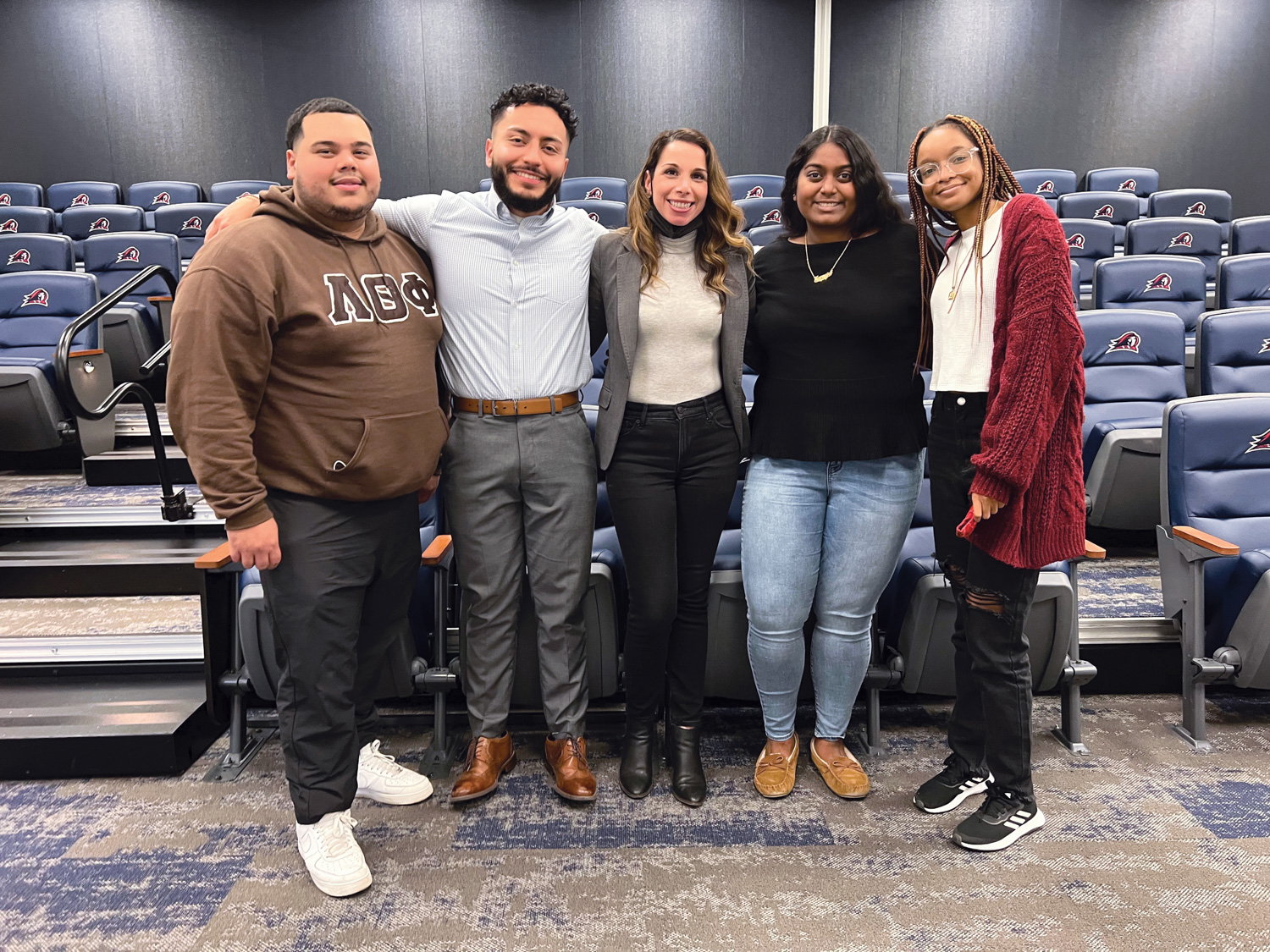 Nick Fuentes-Zuluaga, second from left, and Grazia Gangitano, third from left, with students from First Fellows at a campus event. Photo: Courtesy of Nick Fuentes-Zuluaga
