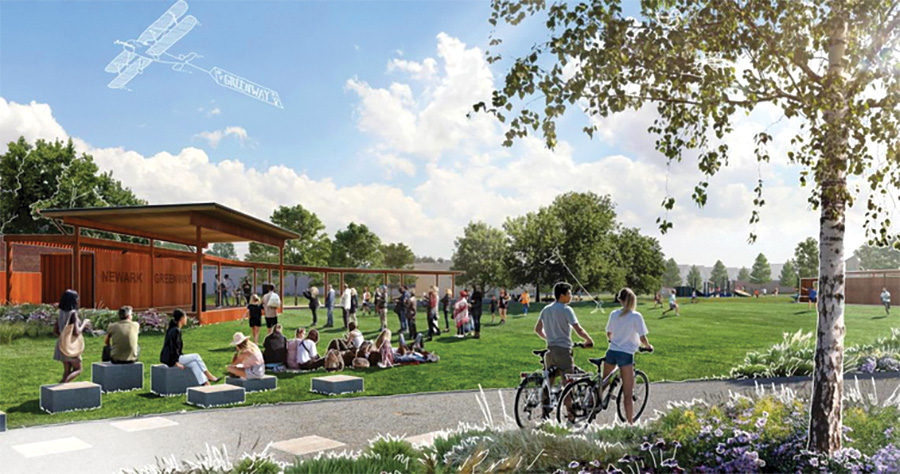 An illustration of a green area with a building to the left and people sitting outside and some people on bikes