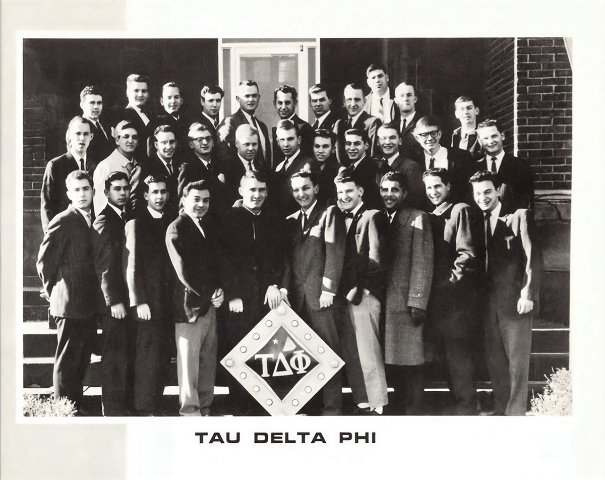 black and white photo of the members of the NJIT fraternity Tau Delta Phi in the early 1960s