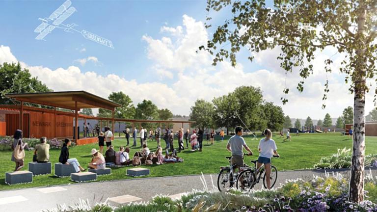 An illustration of a green area with a bike path, events center and trees