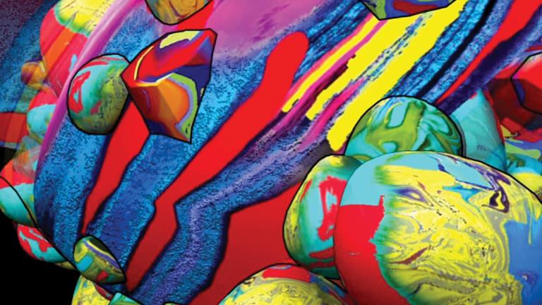 The colorful abstract art piece U.F.O.'s (1971) computer generated by Lillian F. Schwartz.