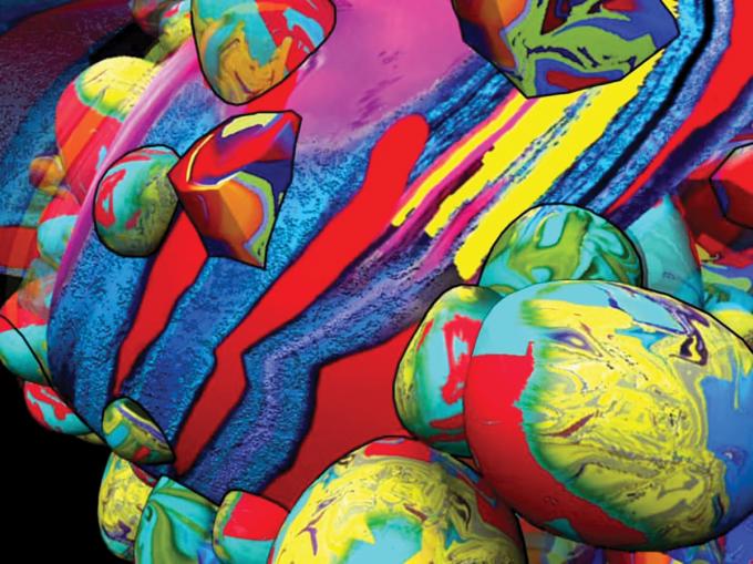 The colorful abstract art piece U.F.O.'s (1971) computer generated by Lillian F. Schwartz.