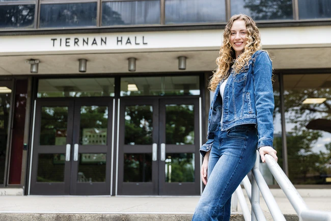 Pia Piazzi in front of Tiernan Hall