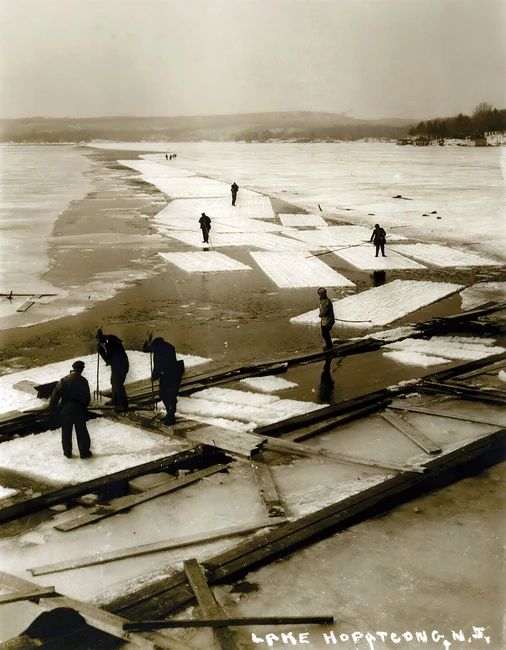 Ice is harvested in 1912 from Lake Hopatcong in New Jersey. Ice was one of the key goods shipped on the  former rail line.